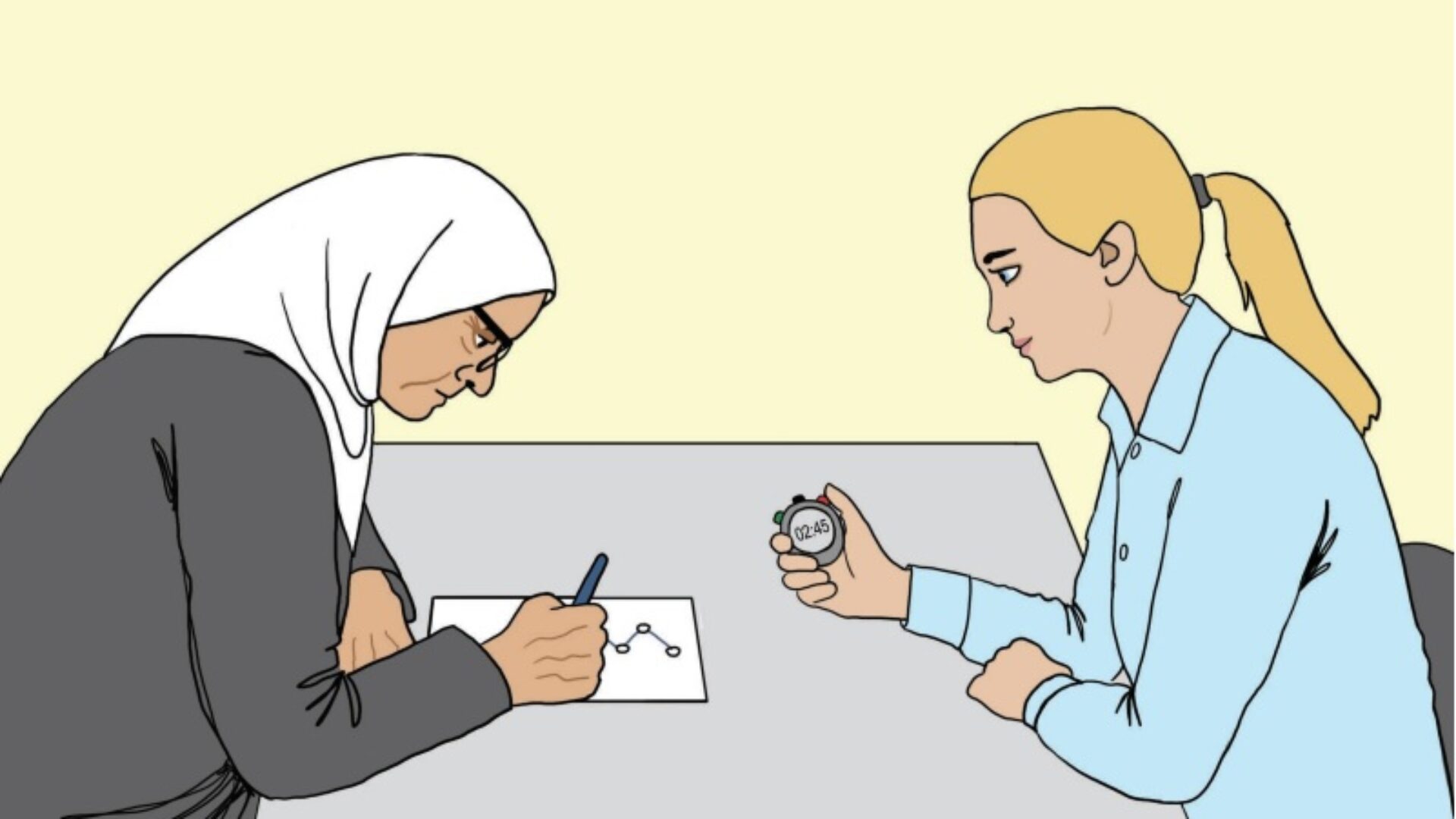 Illustratie van patiënte die test doet op migrantenpoli