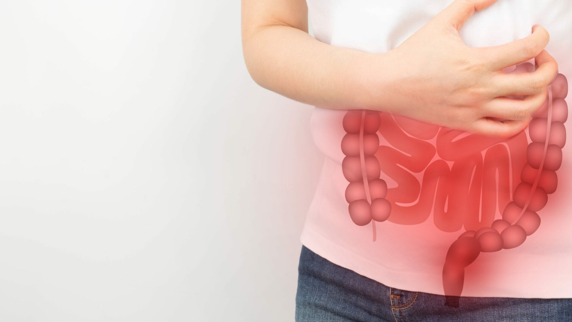 Woman,Suffering,From,Abdominal,Pain,With,Small,And,Large,Intestines